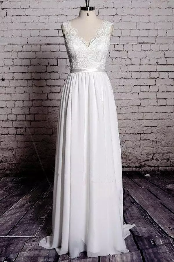 A-line lace chiffon wedding dresses with V-neck and backless design