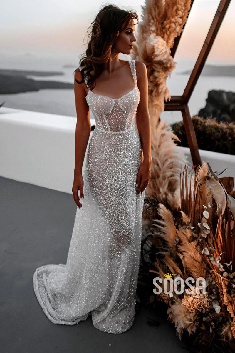 Sparkly Bohemian Wedding Dress with A-line Silhouette and Spaghetti Straps