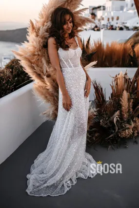 Sparkly Bohemian Wedding Dress with A-line Silhouette and Spaghetti Straps