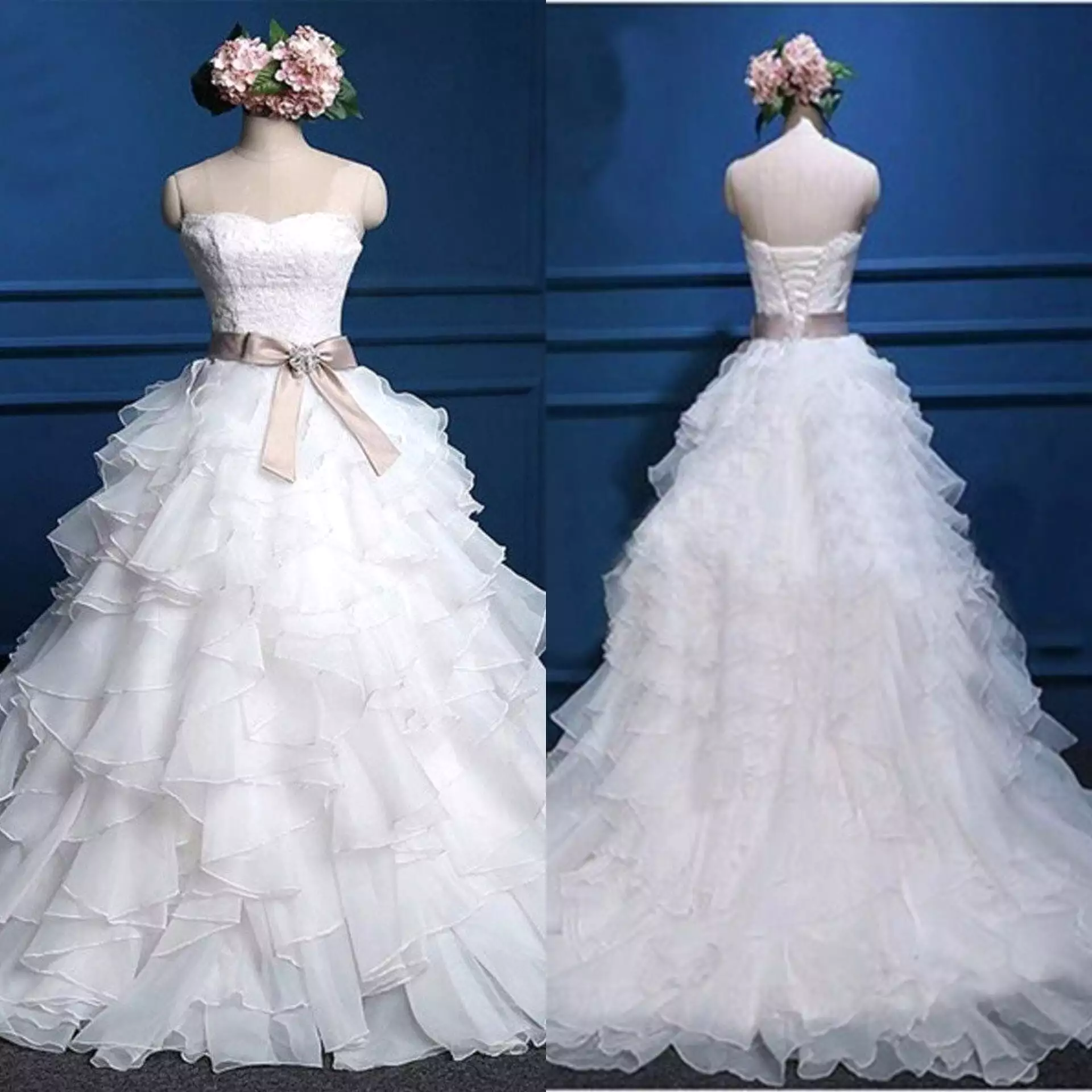 Affordable Lace Ball Gown Wedding Dresses with Sweetheart Neckline and Strapless Chiffon Material.