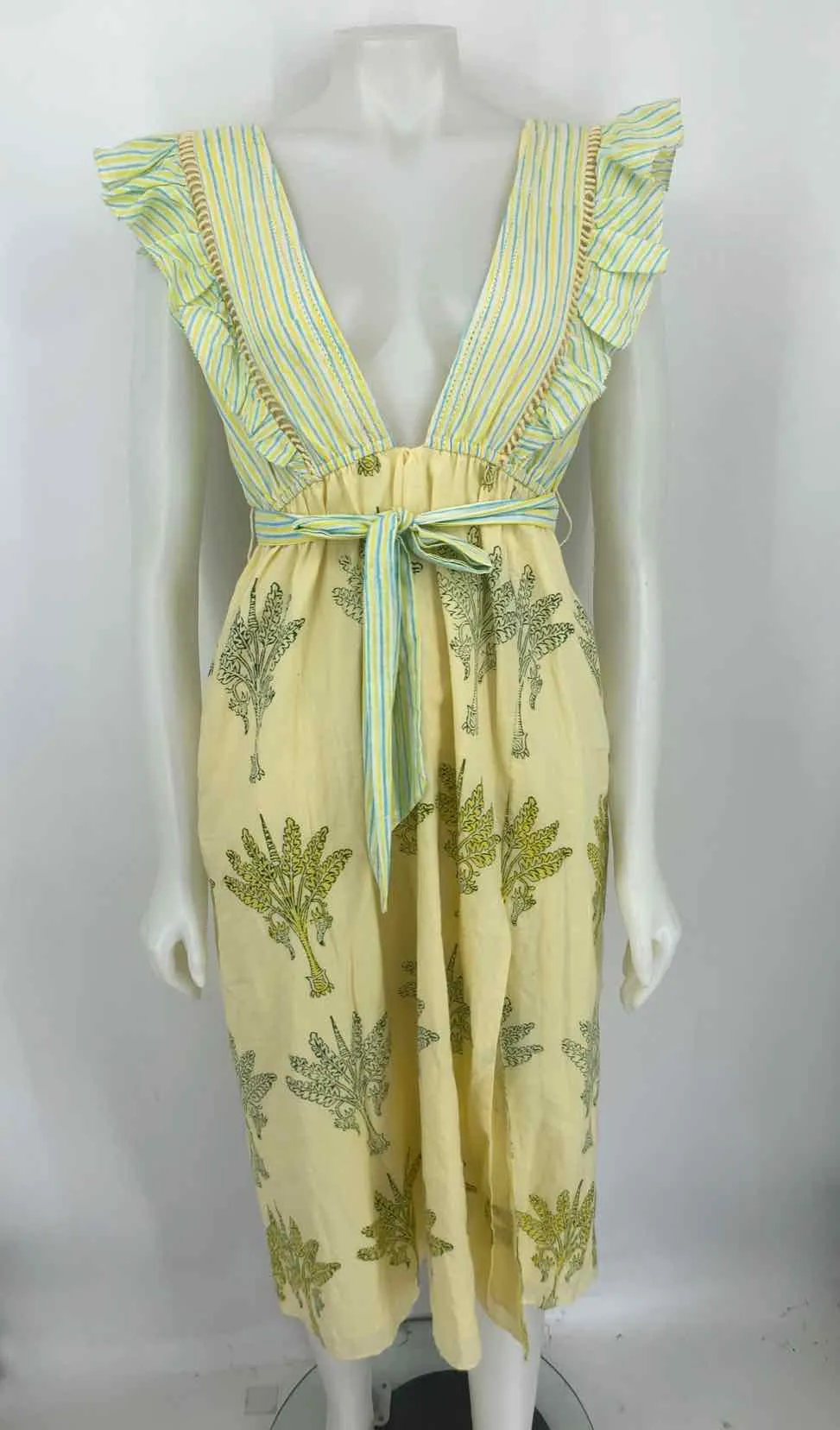 ASH & EDEN Yellow Light Blue Multi Print Midi Dress - Size Large (L)