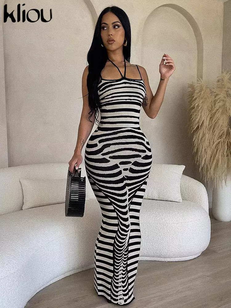 Ashore Shop Striped Print Maxi Dress Women Spaghetti Strap Body-shaping Robe Female Hipster Elegant Street V