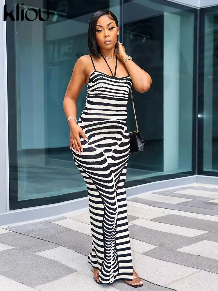 Ashore Shop Striped Print Maxi Dress Women Spaghetti Strap Body-shaping Robe Female Hipster Elegant Street V