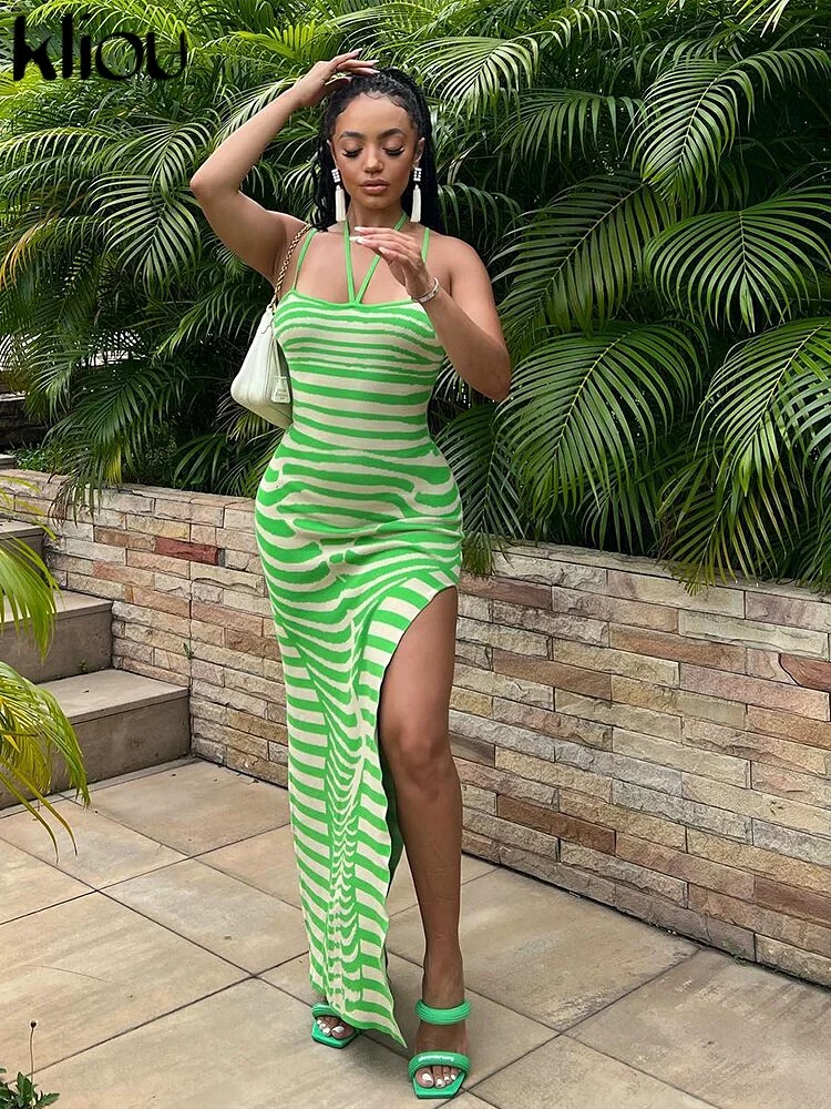 Ashore Shop Striped Print Maxi Dress Women Spaghetti Strap Body-shaping Robe Female Hipster Elegant Street V