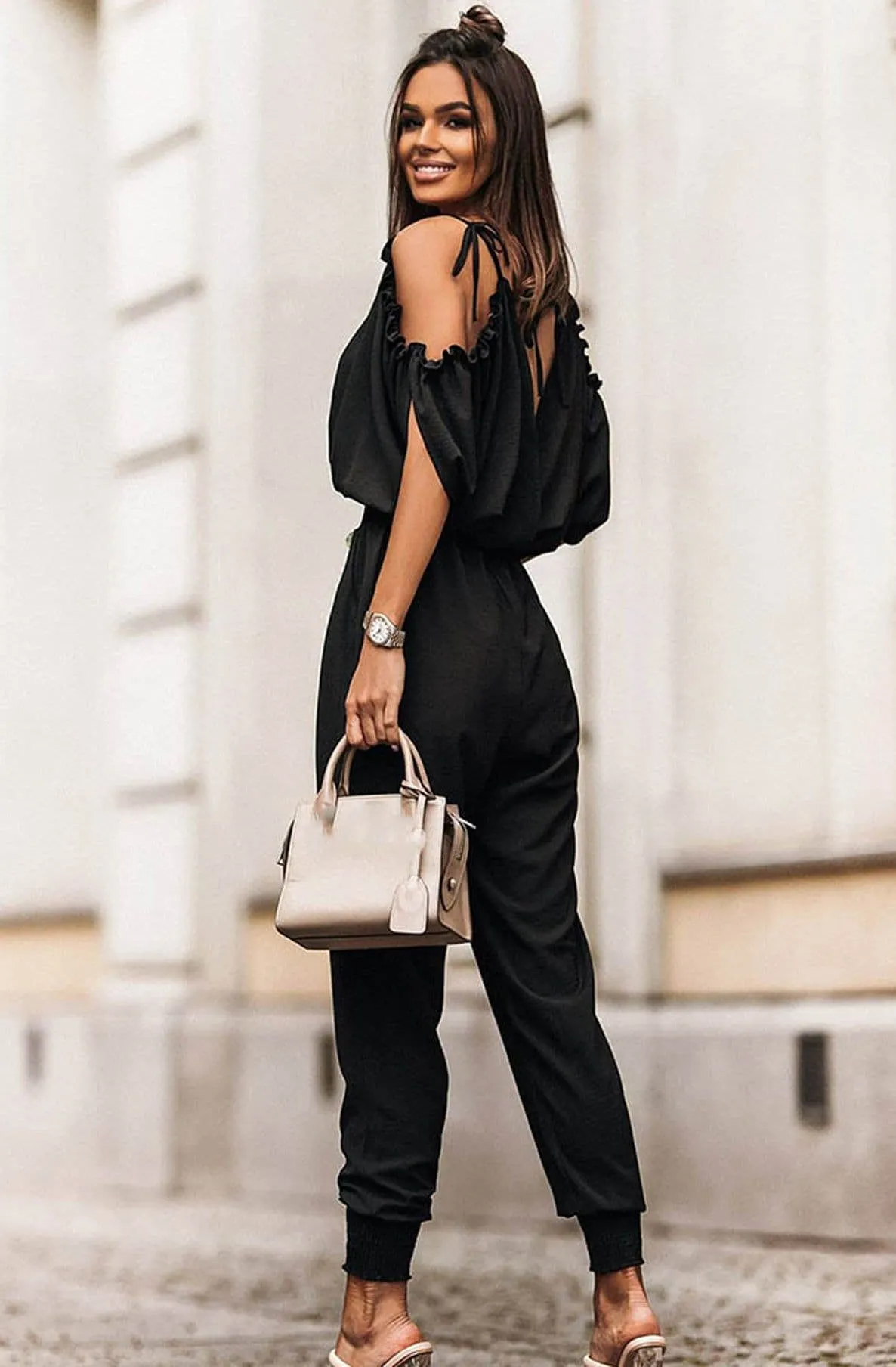 Azeila Black Cold Shoulder Jumpsuit