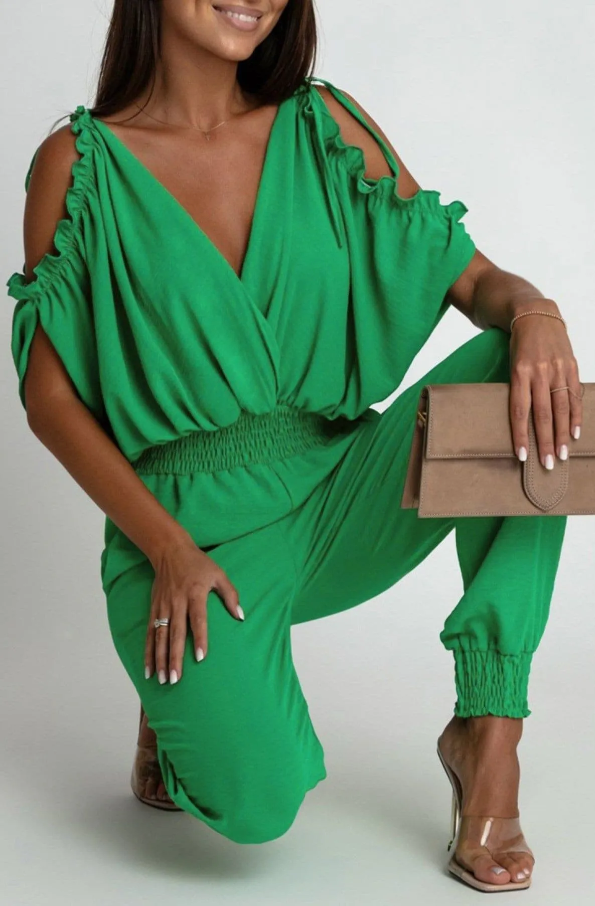 Azeila Green Cold Shoulder Jumpsuit