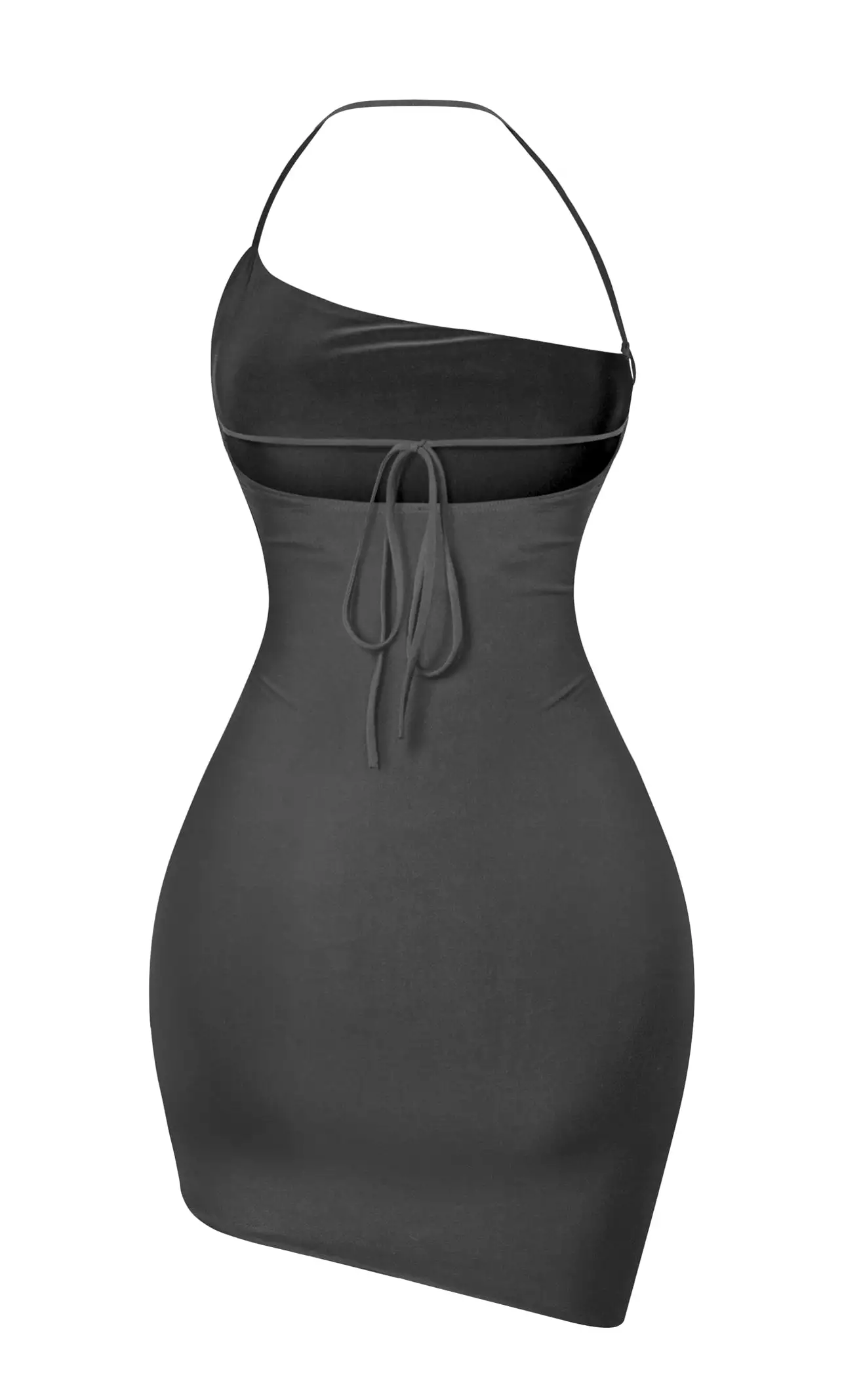 Bailey black mini dress, sleeveless spaghetti strap, asymmetrical design