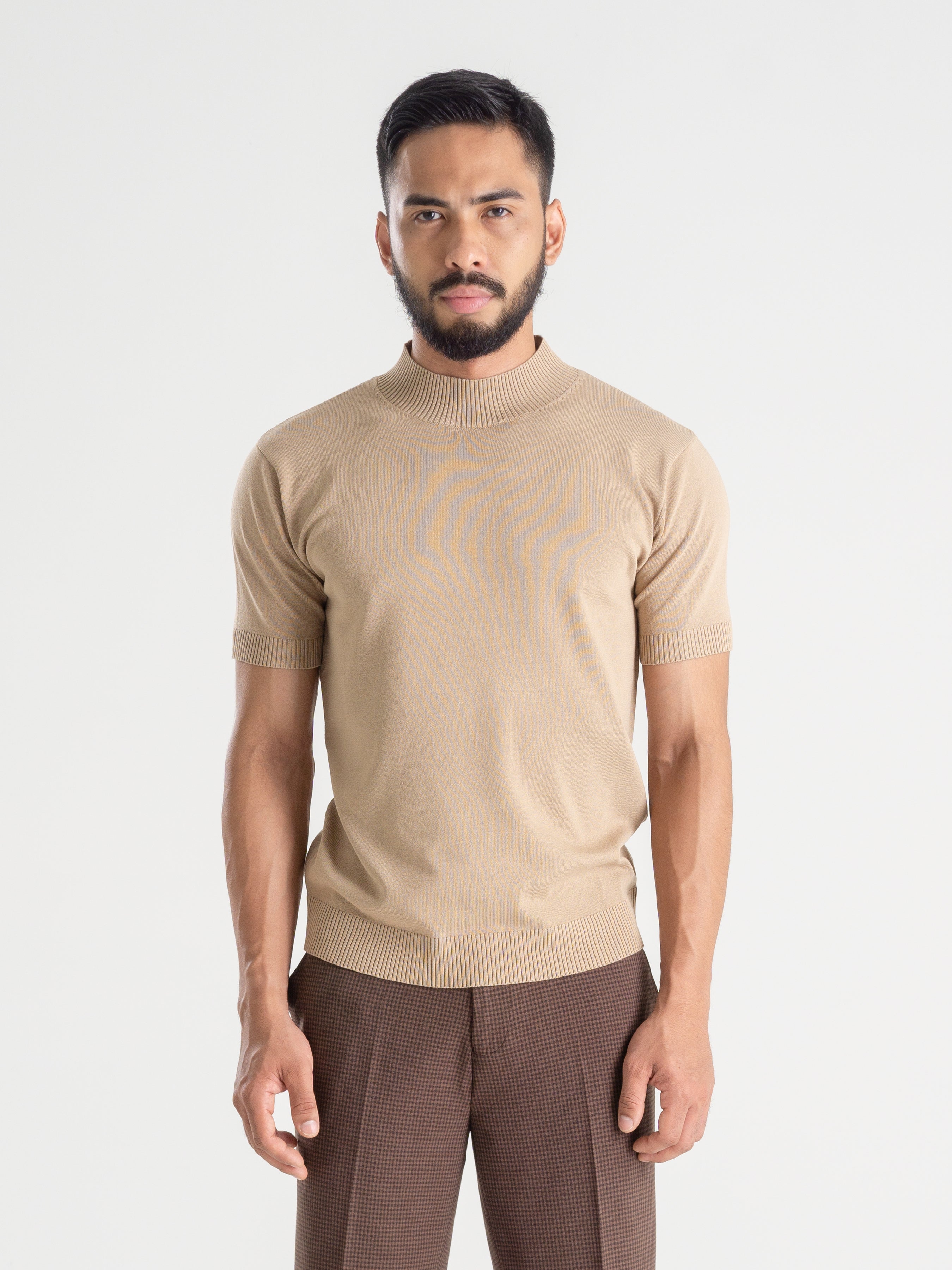 Beige Ribbed Collar Knit Tee