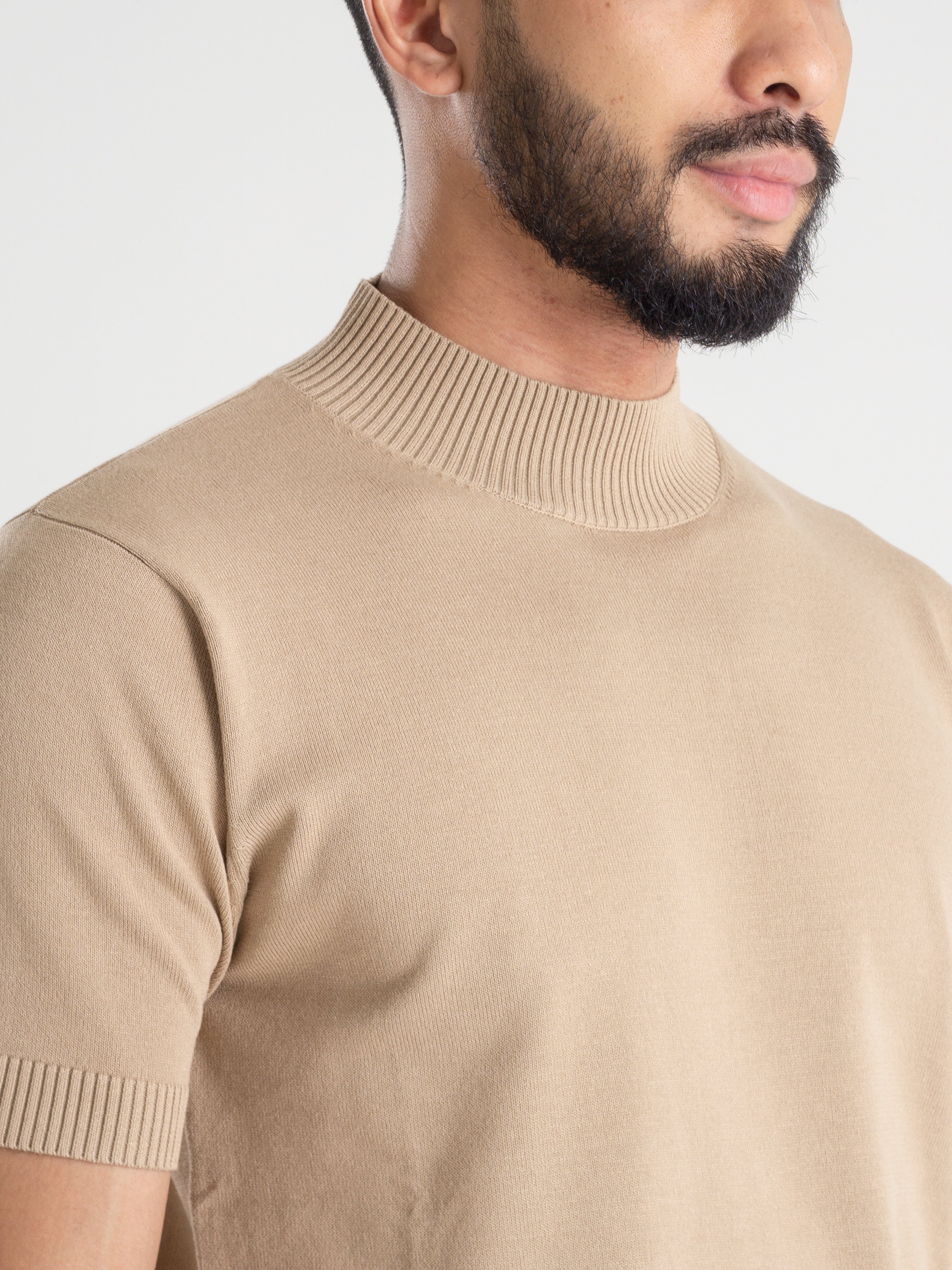 Beige Ribbed Collar Knit Tee