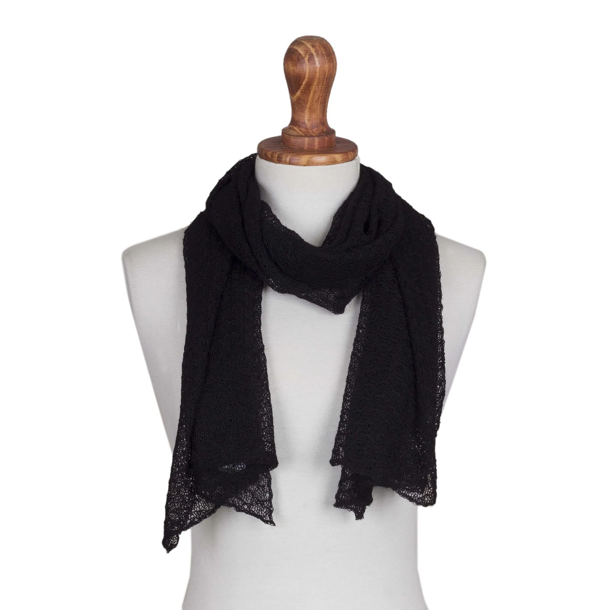 Black Alpaca Scarf with Wavy Texture