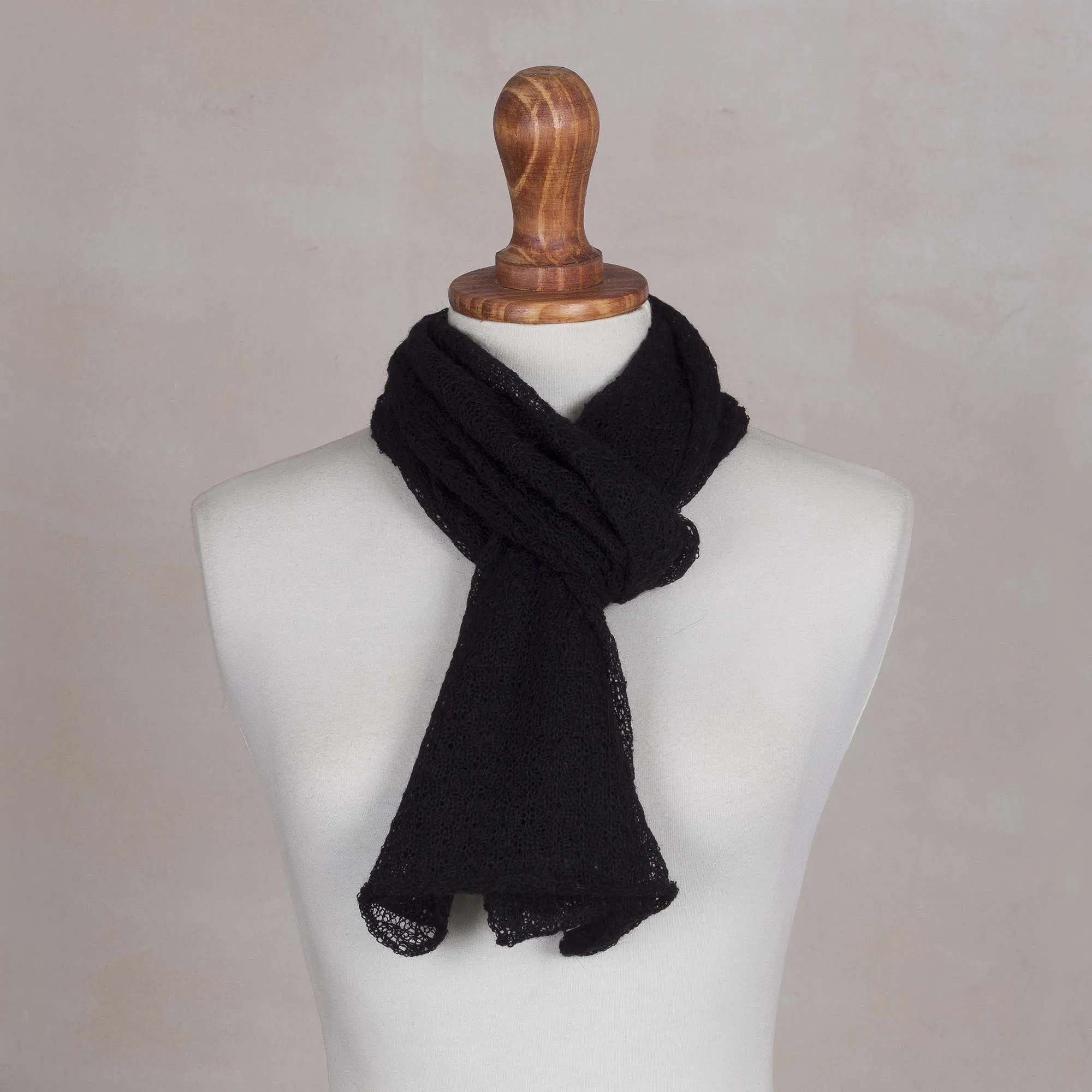 Black Alpaca Scarf with Wavy Texture