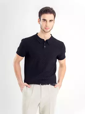 Black Basketweave Knit Polo Tee