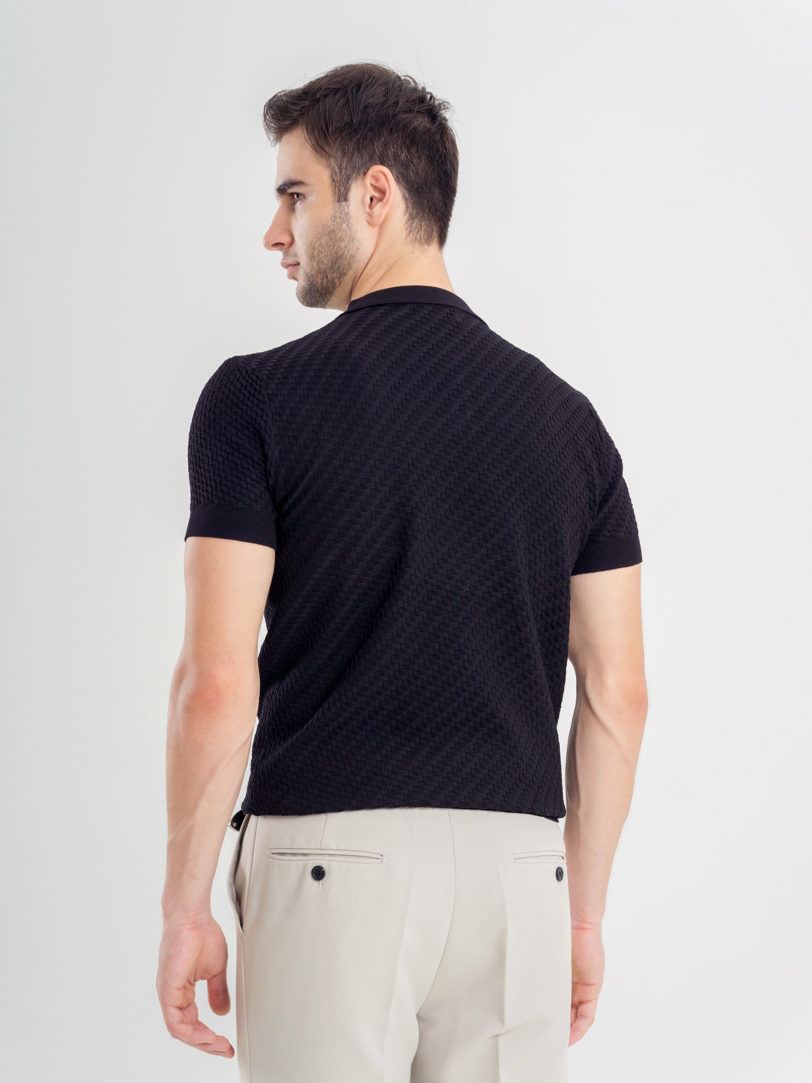 Black Basketweave Knit Polo Tee