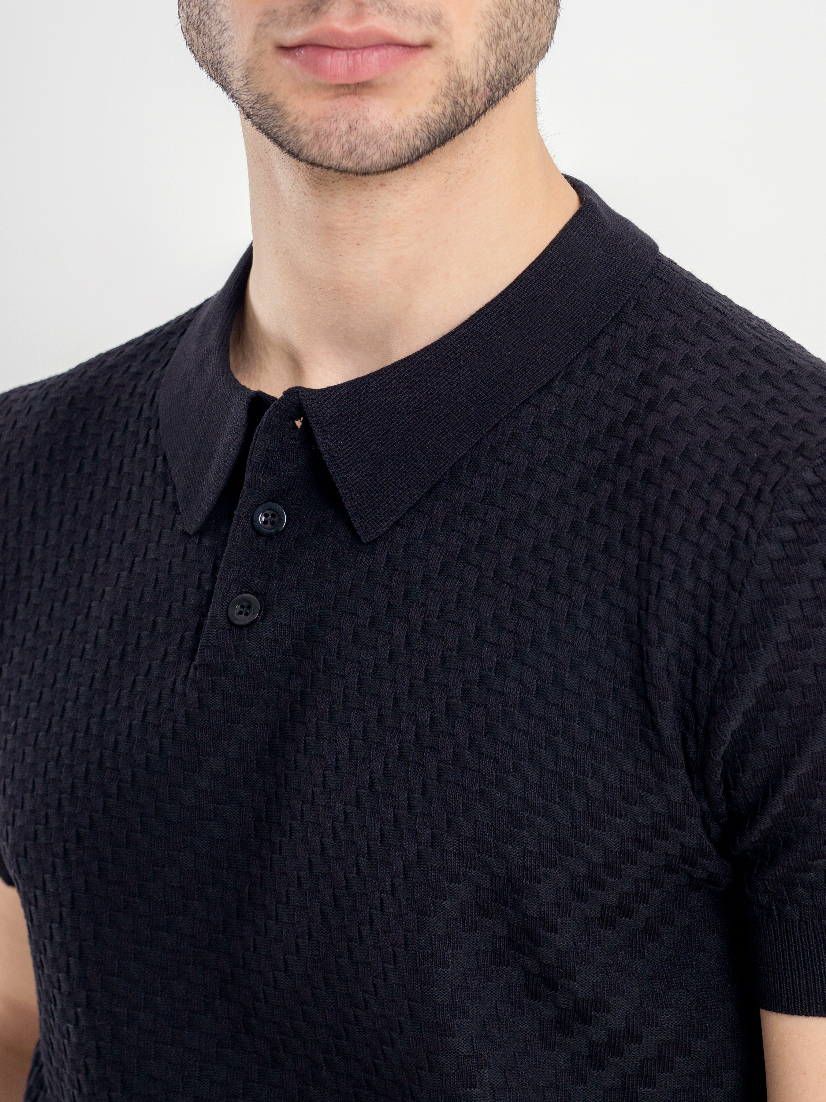 Black Basketweave Knit Polo Tee