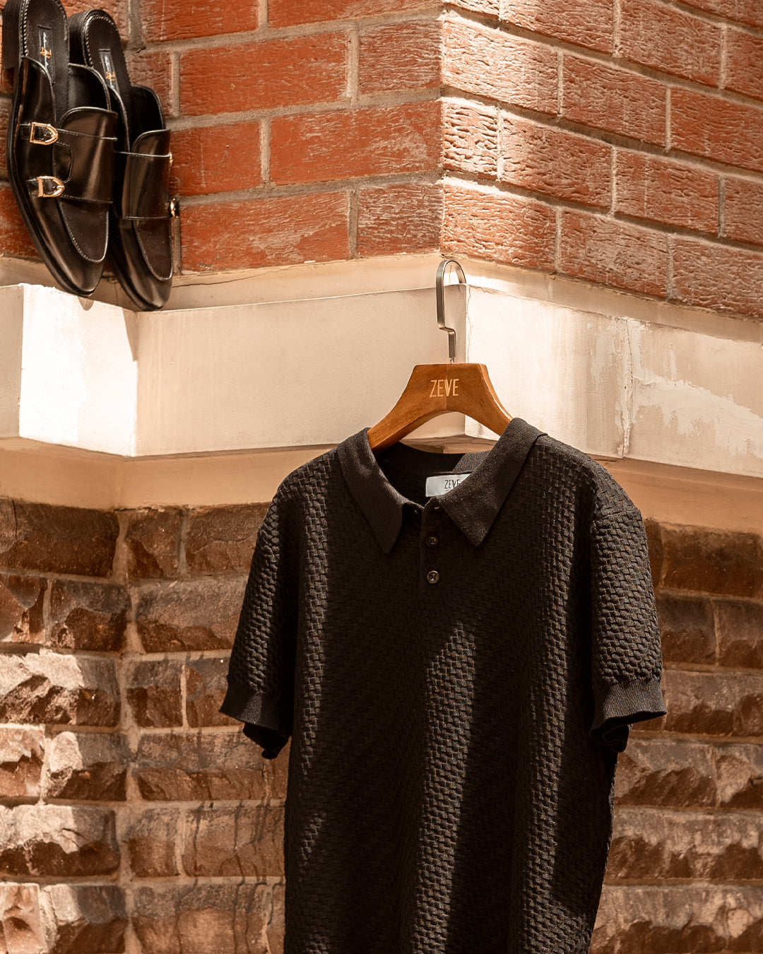 Black Basketweave Knit Polo Tee