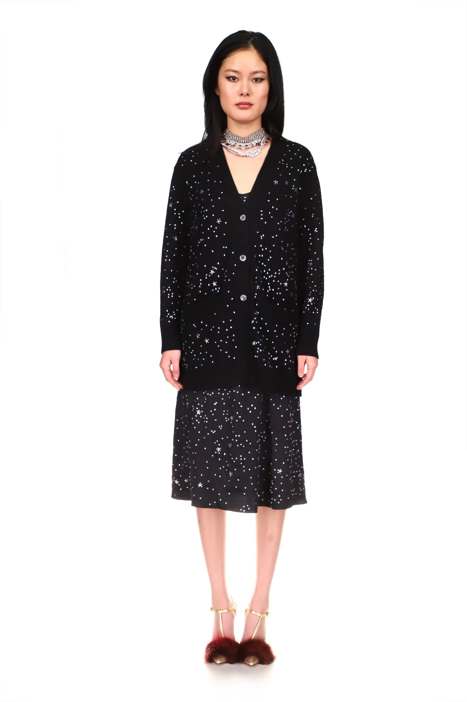 Black Cashmere Long Cardigan Crystal Longfellow's Light of Stars