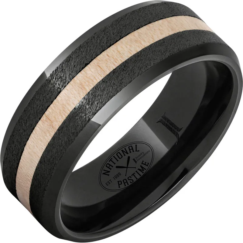 Black Diamond Ceramic Ring with Maple Vintage Baseball Bat Wood Inlay and Grain Finish - National Pastime Collection