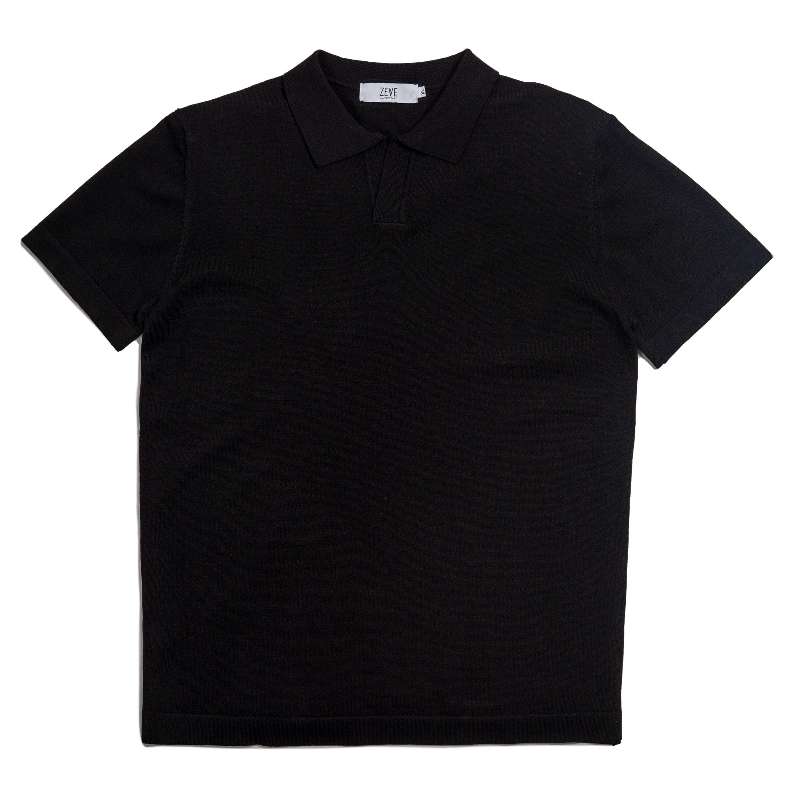 Black Knit Polo Tee - Open Collar