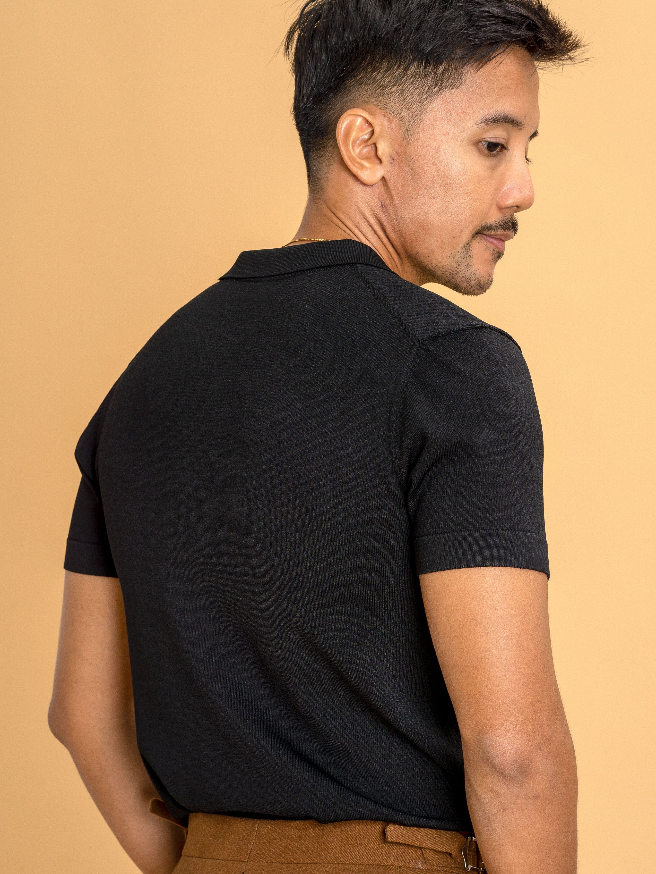 Black Knit Polo Tee - Open Collar