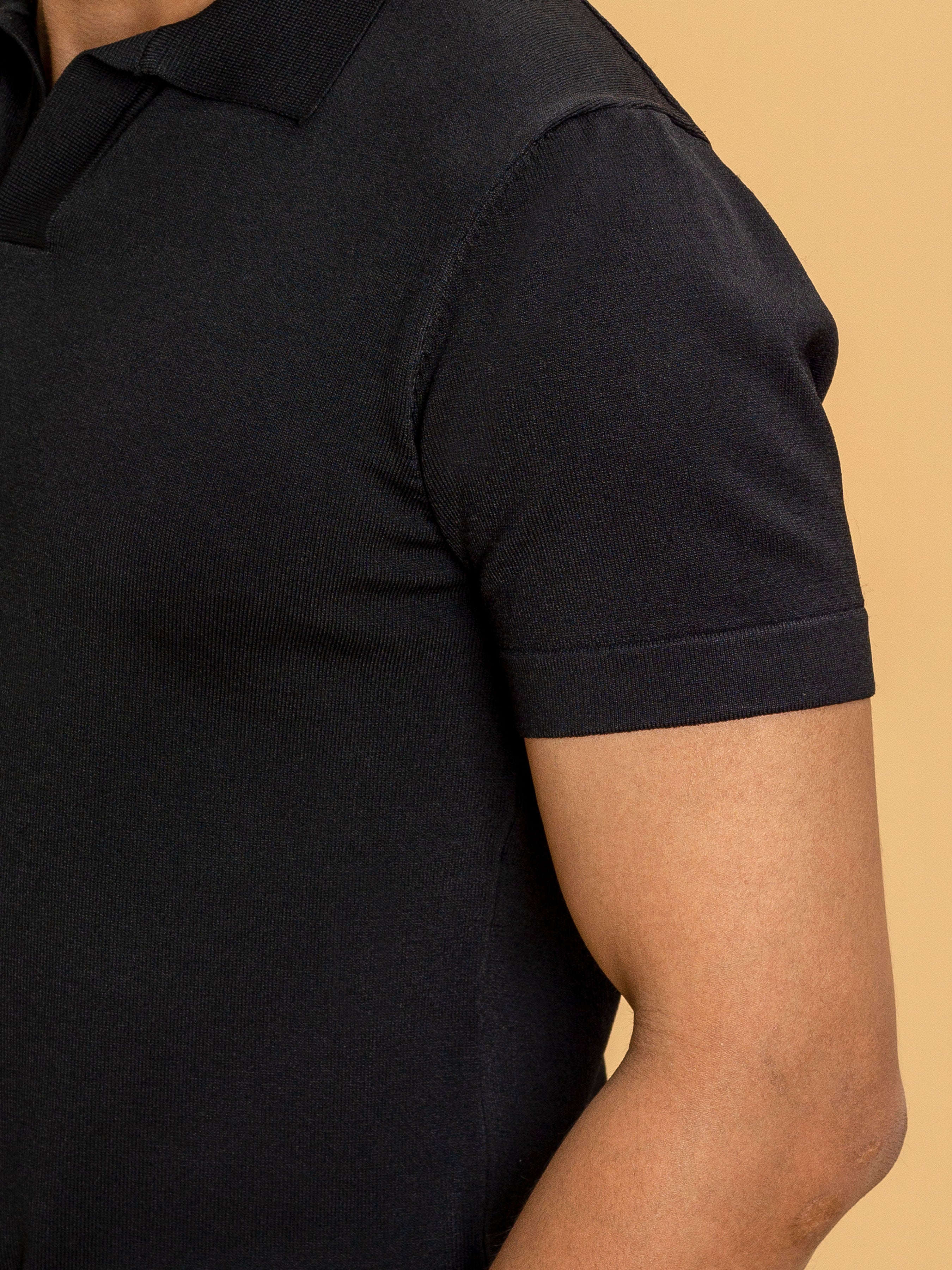 Black Knit Polo Tee - Open Collar