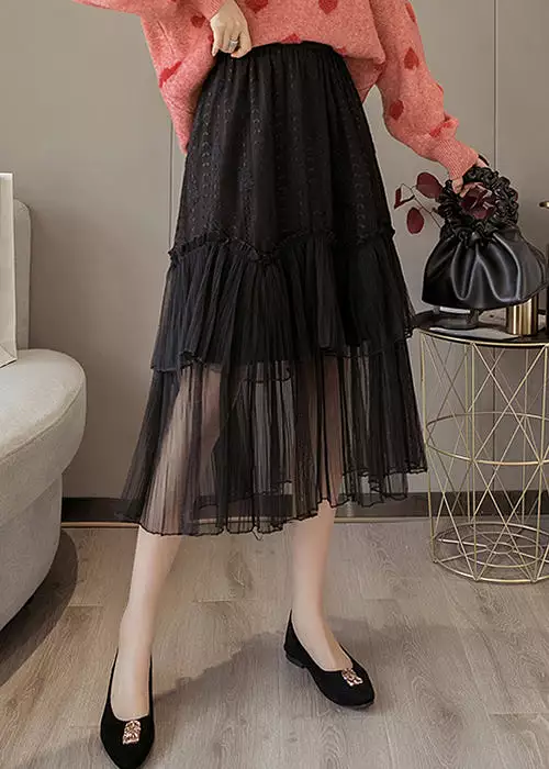 Black Lace Patchwork Chiffon Skirt, Elastic Waist - AS1041