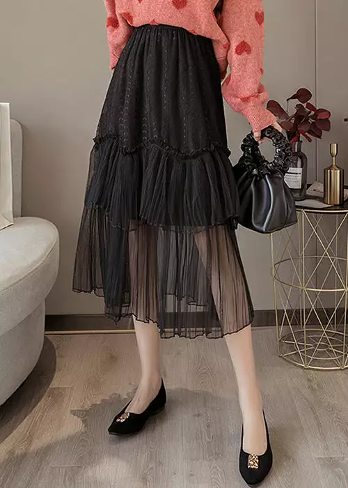 Black Lace Patchwork Chiffon Skirt, Elastic Waist - AS1041