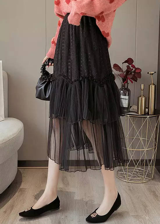 Black Lace Patchwork Chiffon Skirt, Elastic Waist - AS1041