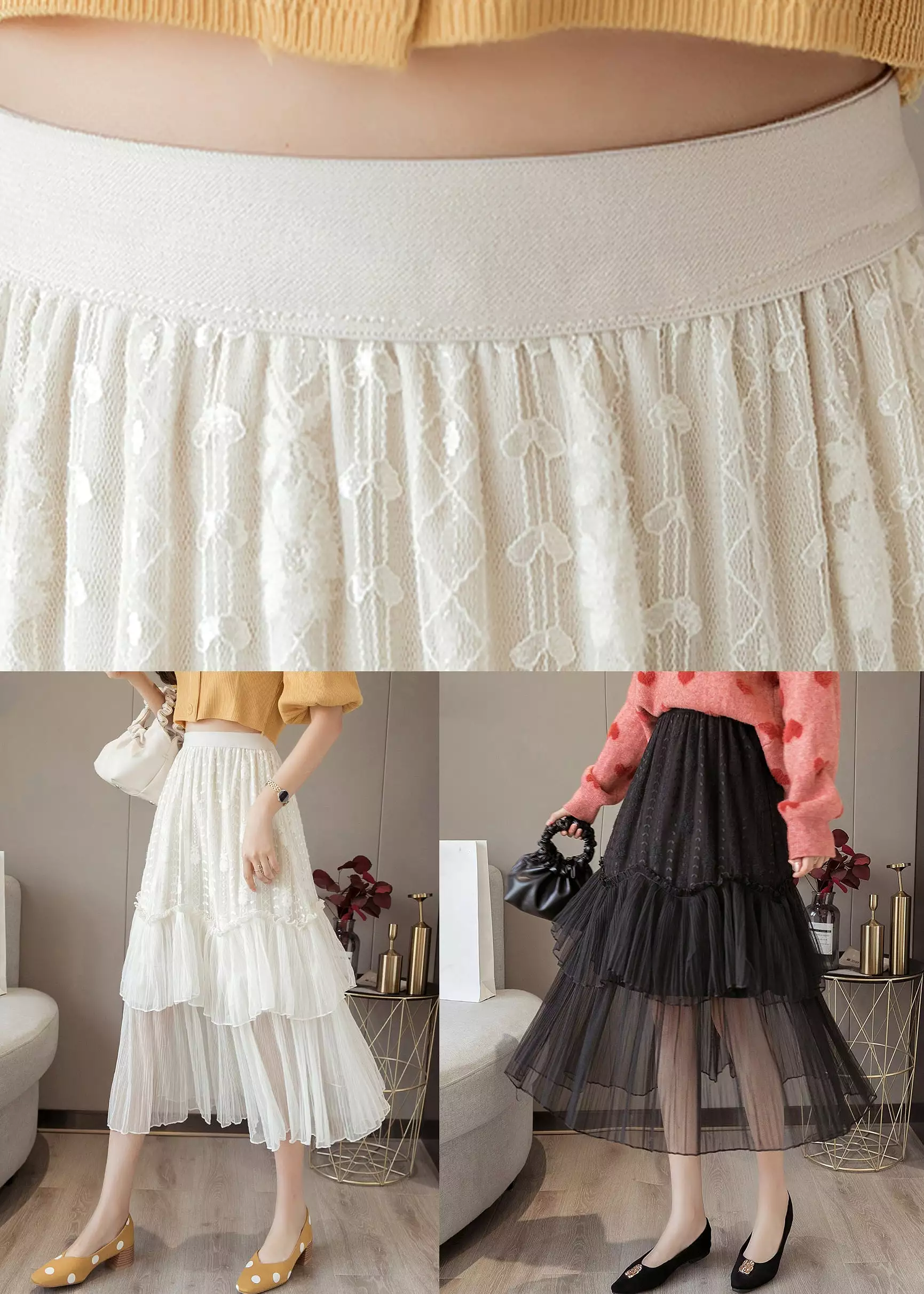 Black Lace Patchwork Chiffon Skirt, Elastic Waist - AS1041