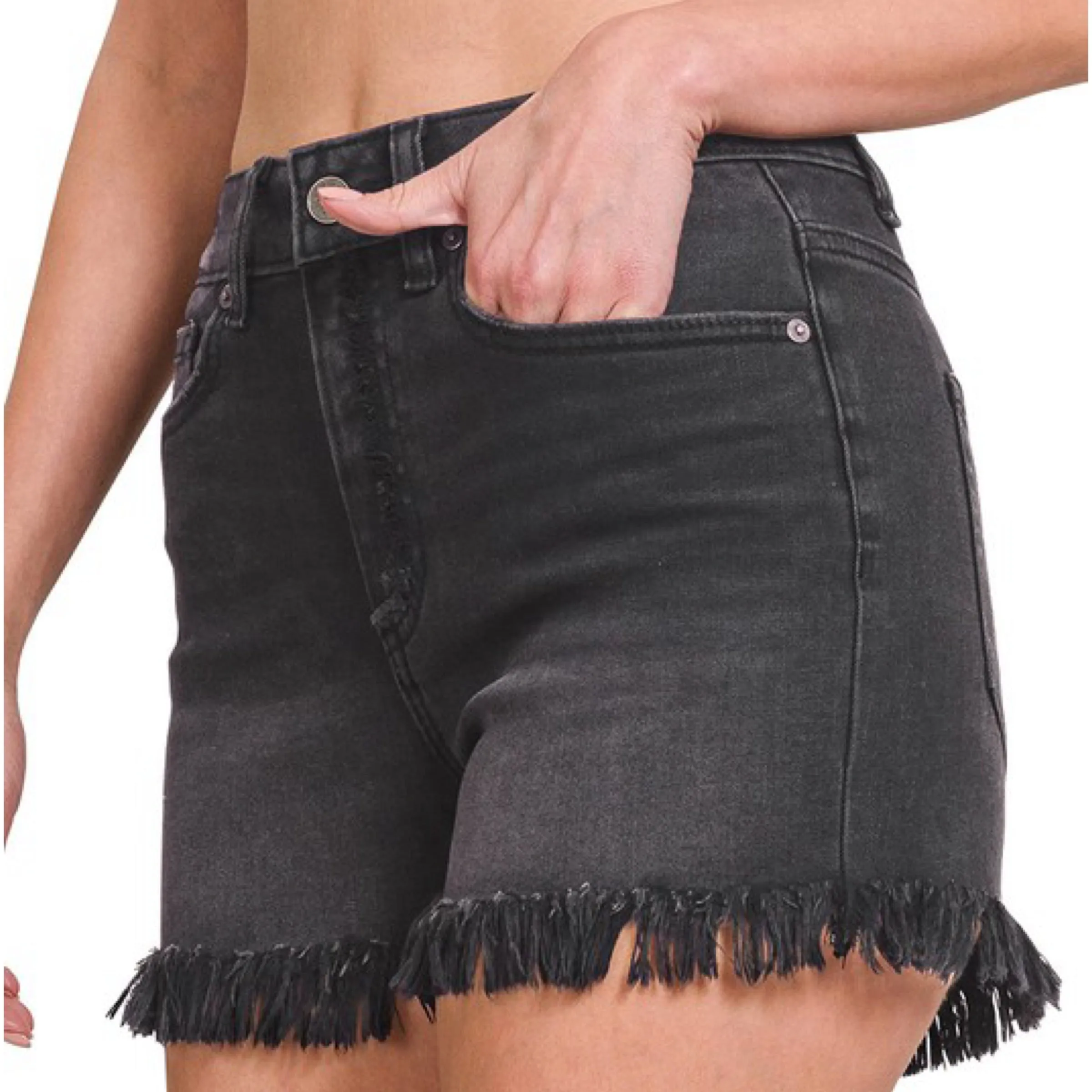 Black Mid Rise Frayed Hem Shorts