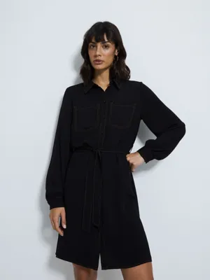 Black Mini Belted Shirt Dress with Contrast Stitch | Women | George at ASDA