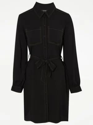 Black Mini Belted Shirt Dress with Contrast Stitch | Women | George at ASDA