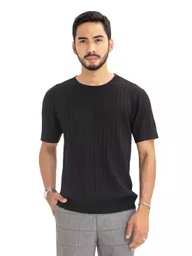 Black Ribbed Knit T-Shirt