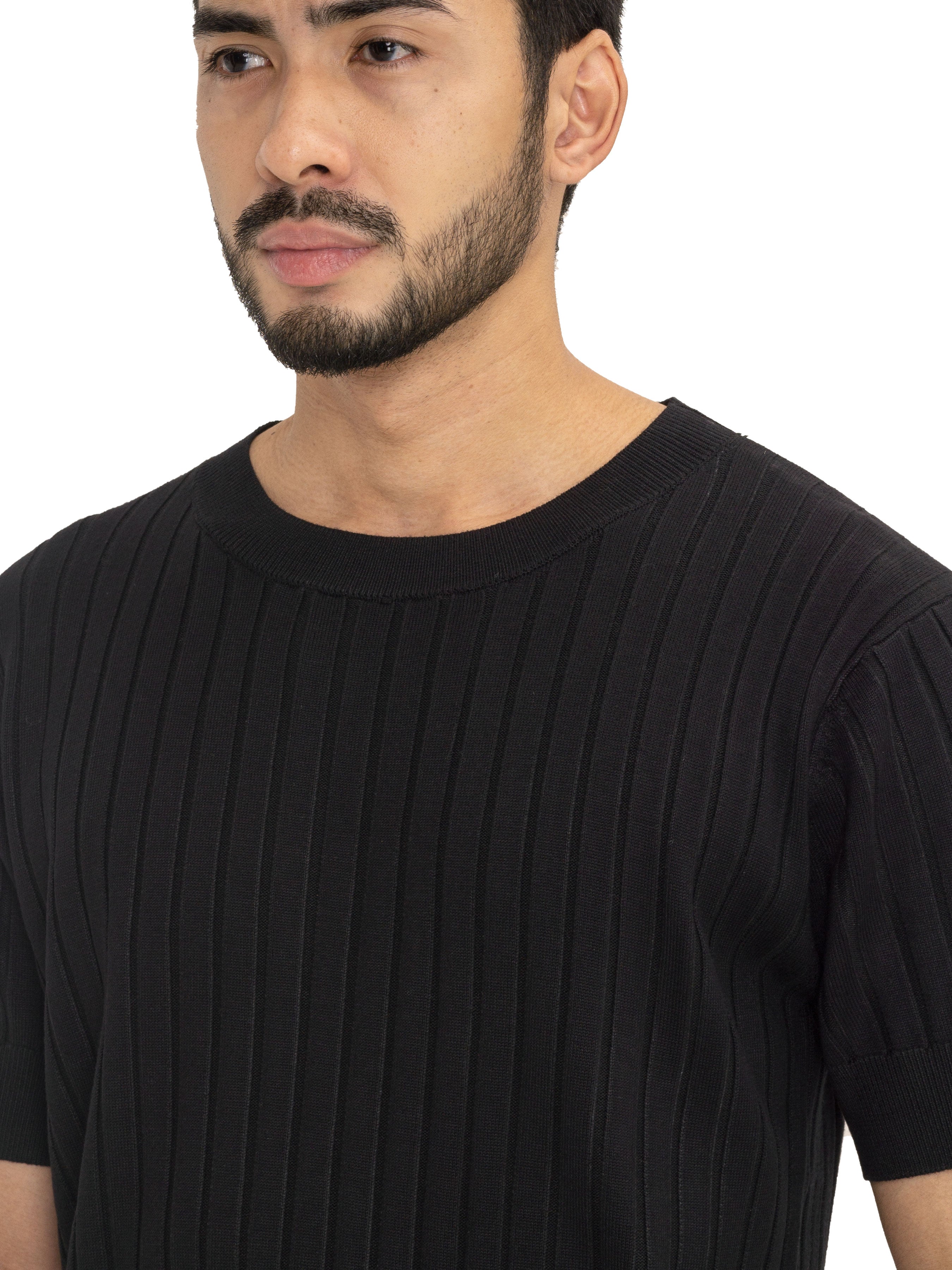 Black Ribbed Knit T-Shirt