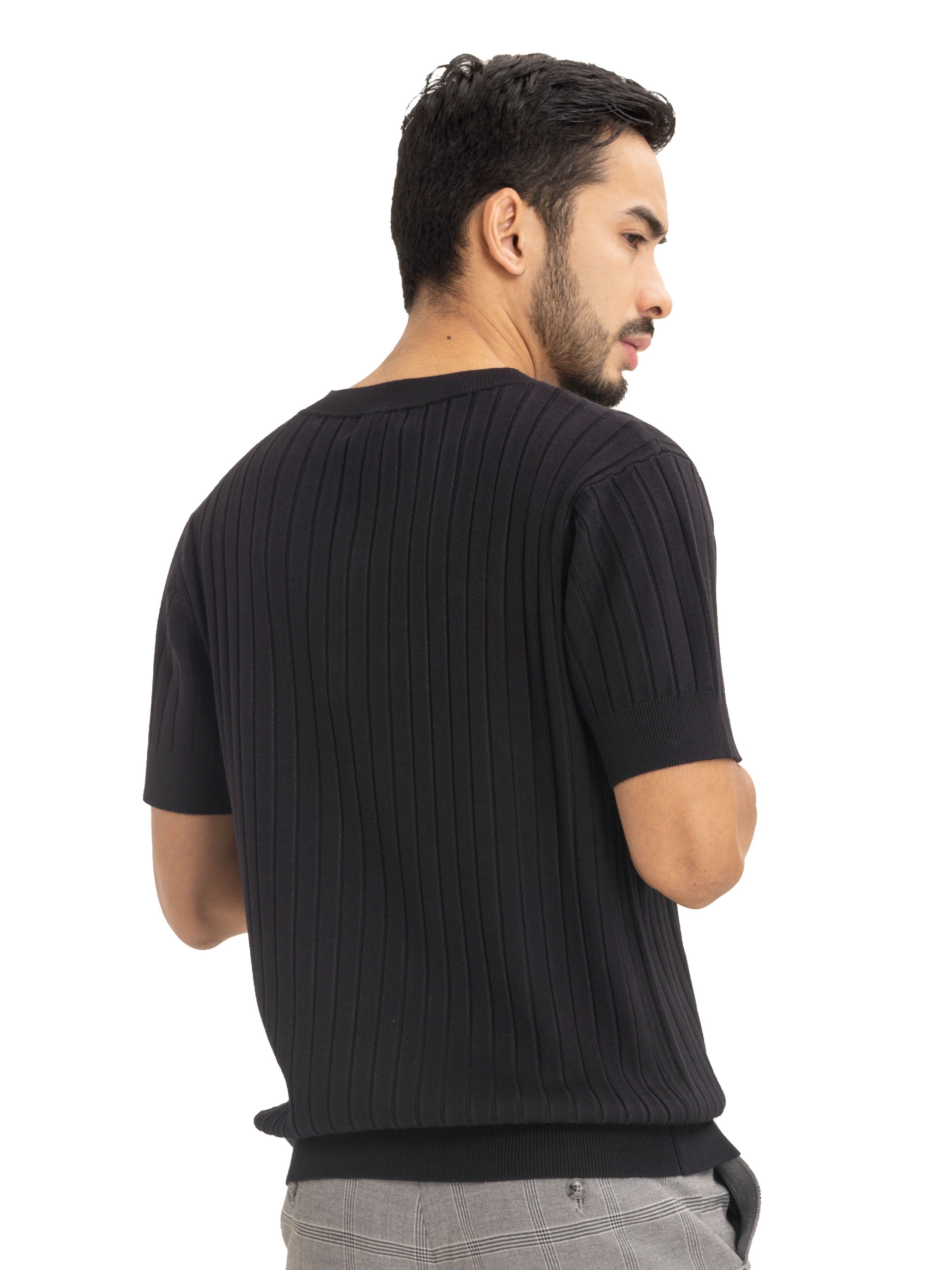 Black Ribbed Knit T-Shirt