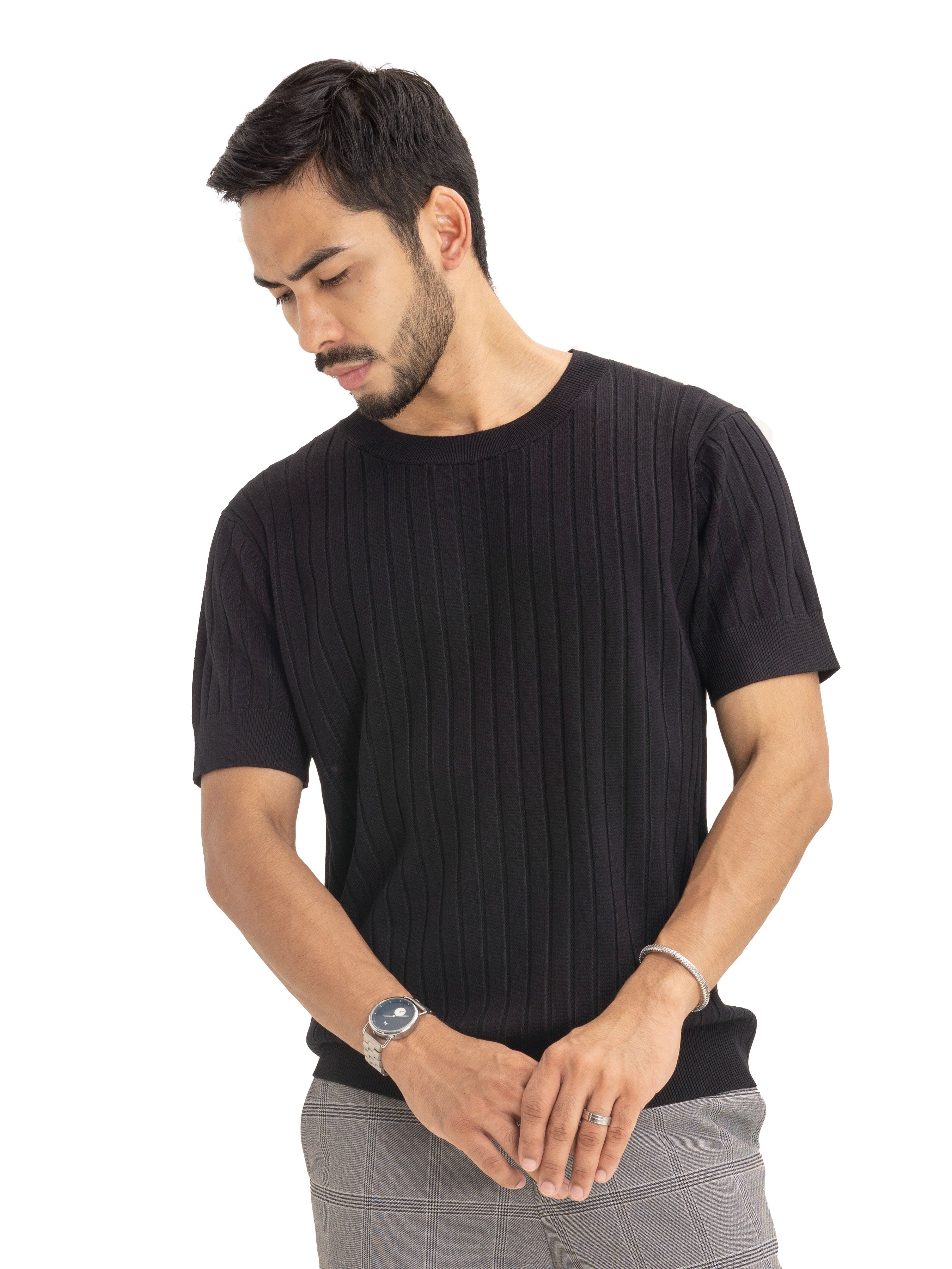 Black Ribbed Knit T-Shirt