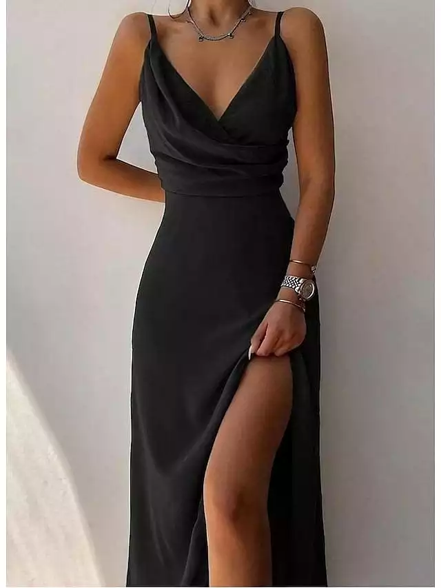 Black V-Neck Sleeveless A-line Dress with Spaghetti Straps