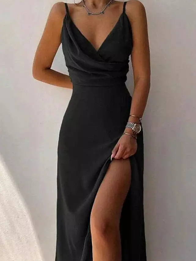 Black V-Neck Sleeveless A-line Dress with Spaghetti Straps