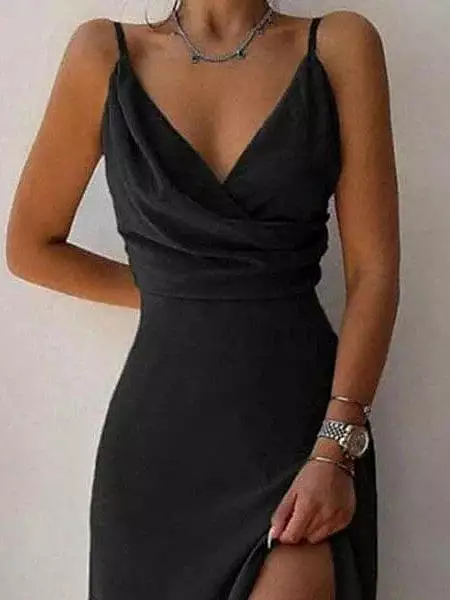 Black V-Neck Sleeveless A-line Dress with Spaghetti Straps