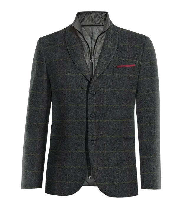  Blazer azul de tweed a cuadros solapa redonda