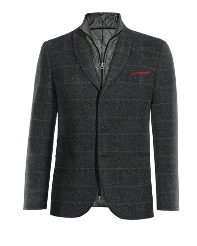  Blazer azul de tweed a cuadros solapa redonda