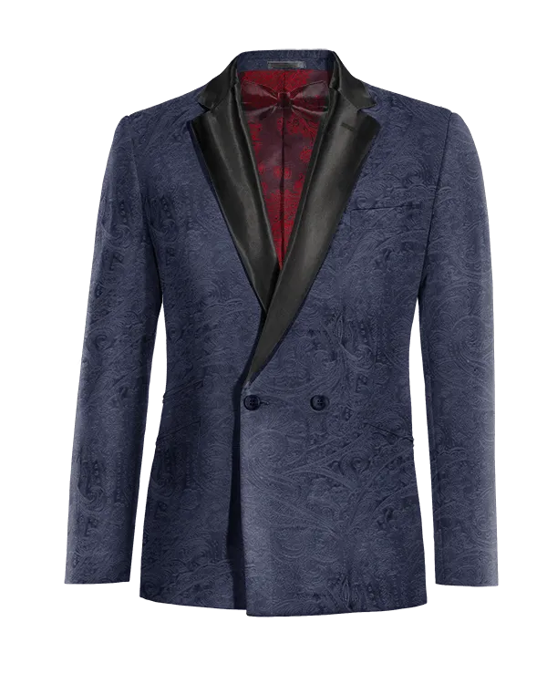  Blazer Tuxedo cruzada azul marino de terciopelo paisley