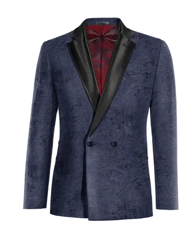  Blazer Tuxedo cruzada azul marino de terciopelo paisley