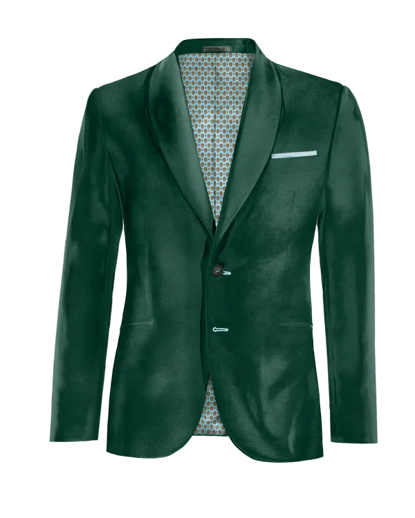  Blazer verde azulado de terciopelo solapa redonda slim fit