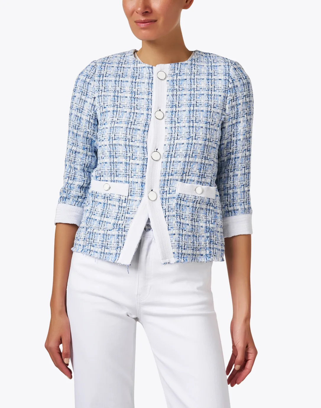 Blue tweed jacket with illusion pattern