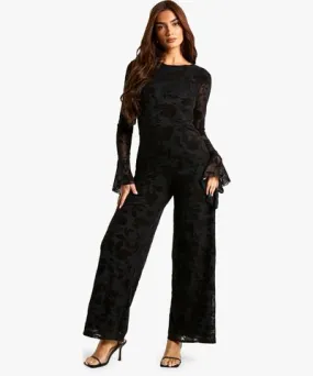 boohoo Women's Low Back Devore Flare Jumpsuit