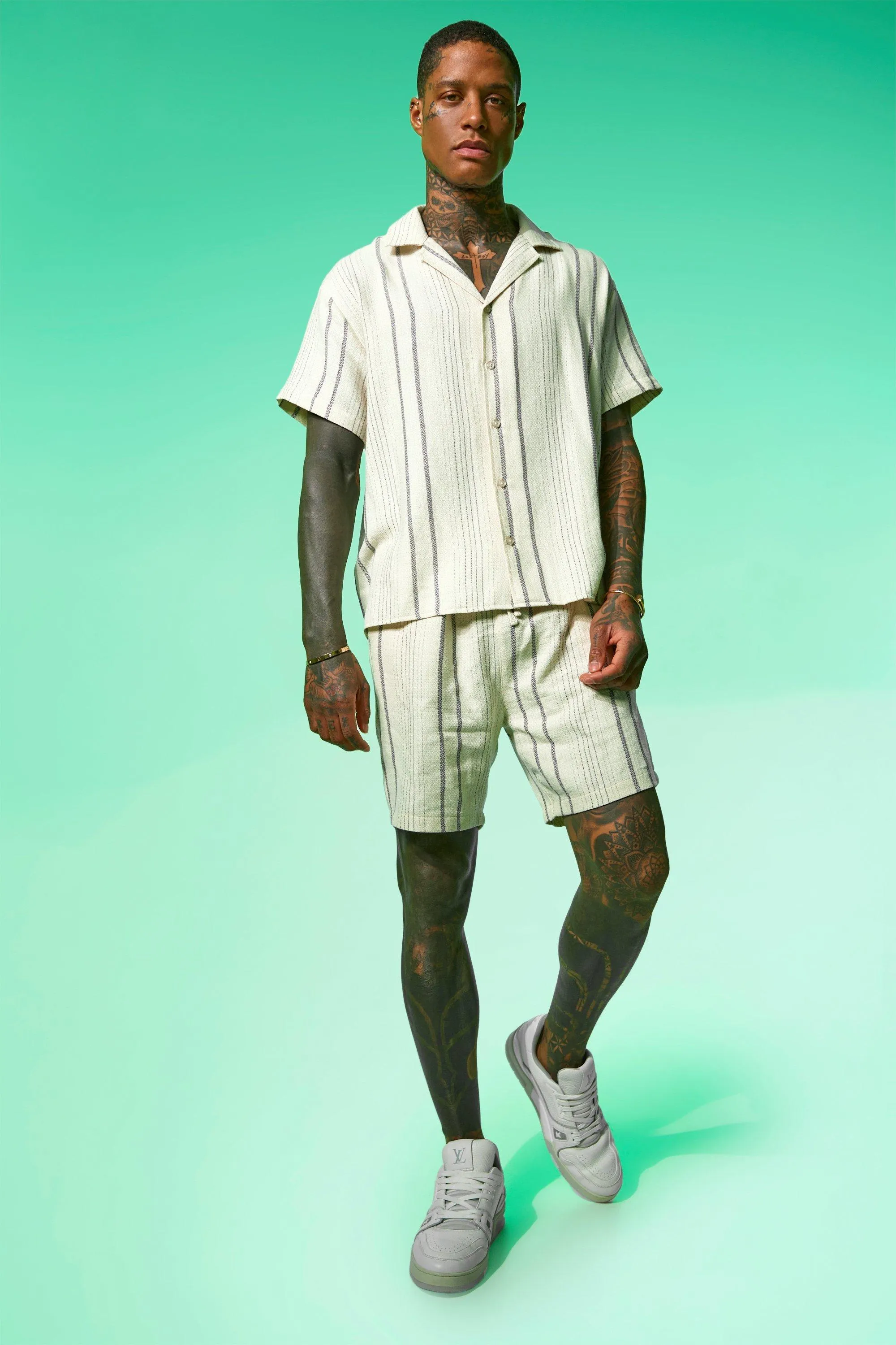 Boxy Stripe Stitch Textured Shirt And Shorts BoohooMAN UK