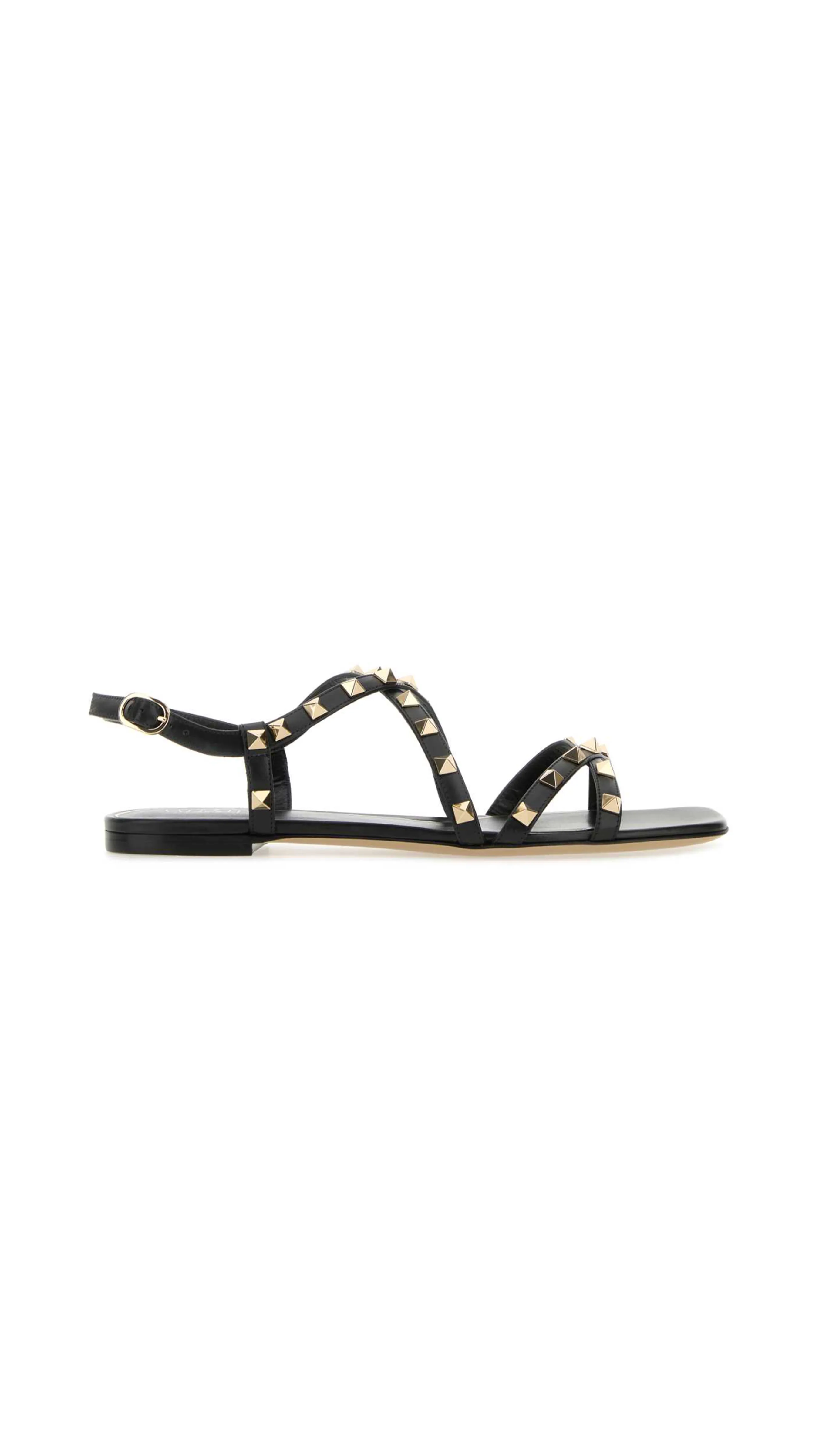 Black Calfskin Rockstud Sandal With Strap