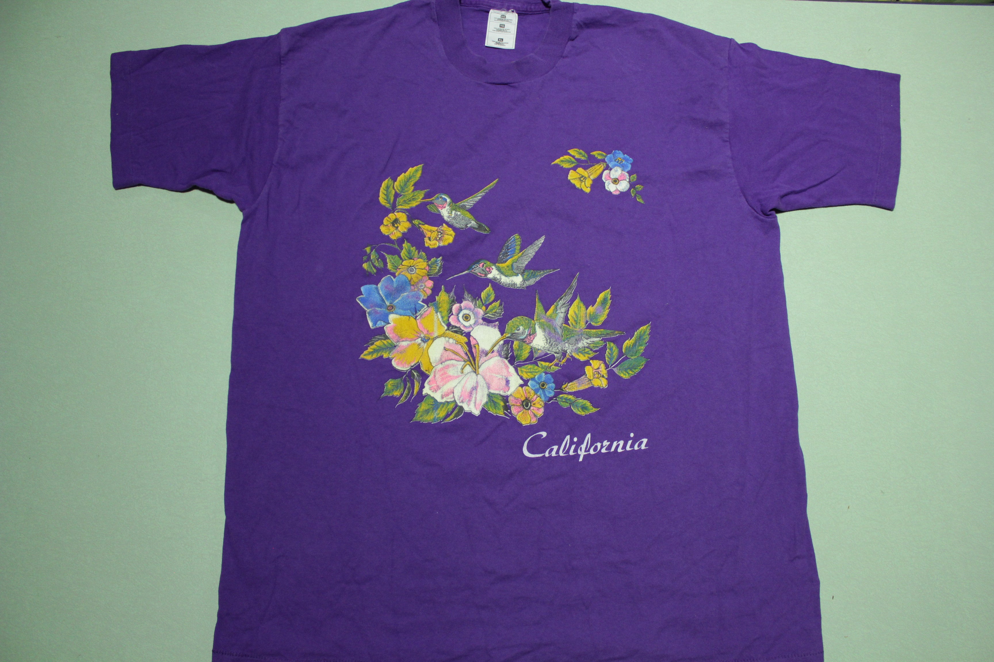 California Hummingbird Floral Print Vintage Single Stitch USA T-Shirt 90s