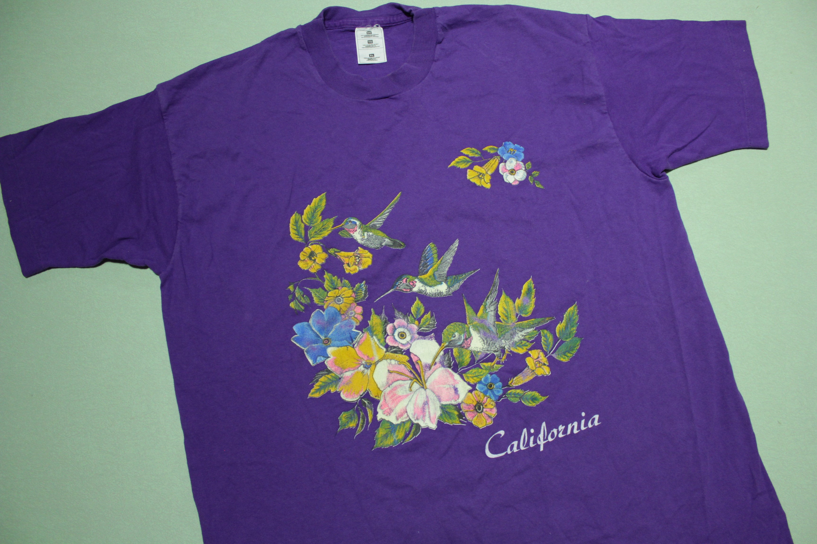 California Hummingbird Floral Print Vintage Single Stitch USA T-Shirt 90s