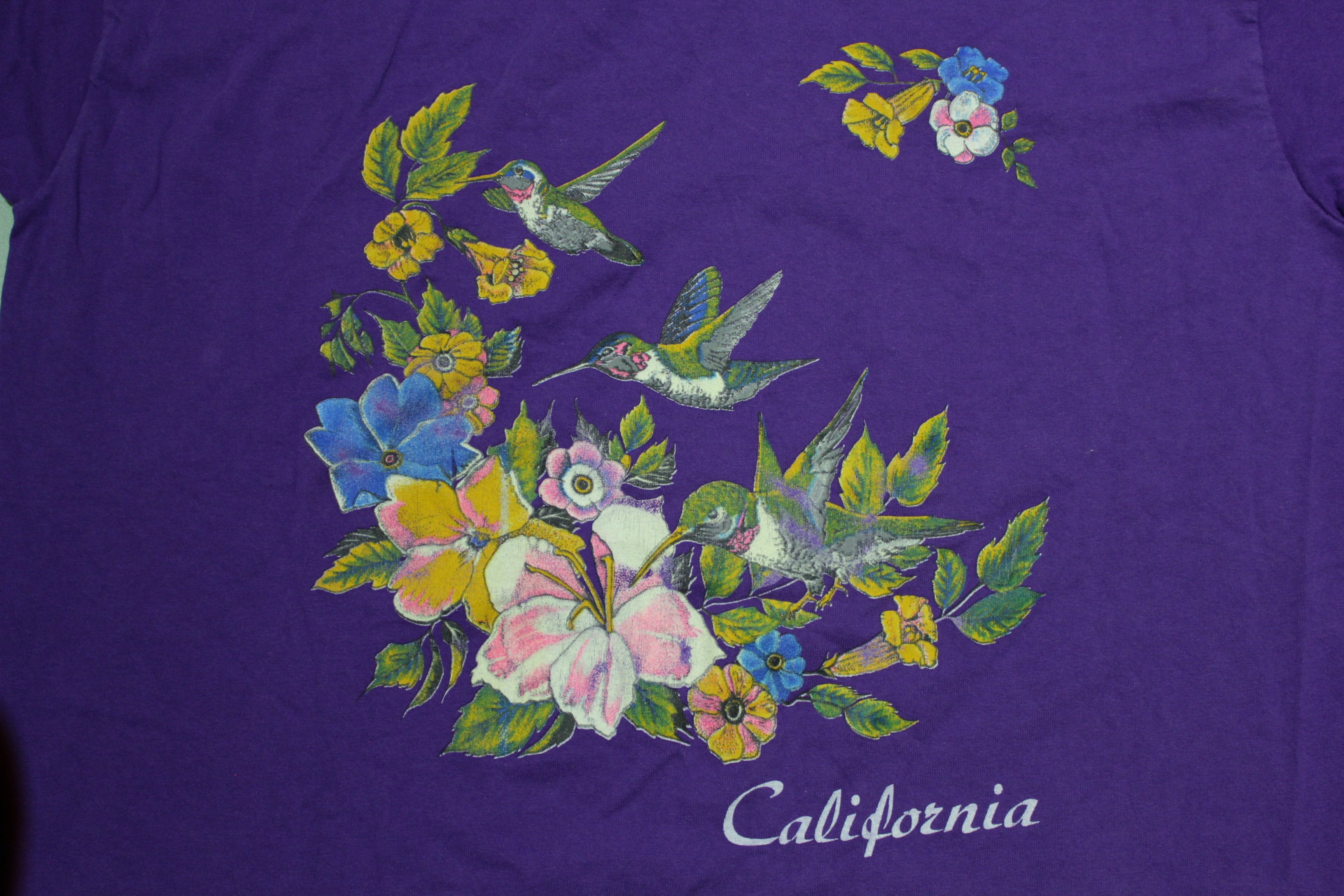 California Hummingbird Floral Print Vintage Single Stitch USA T-Shirt 90s